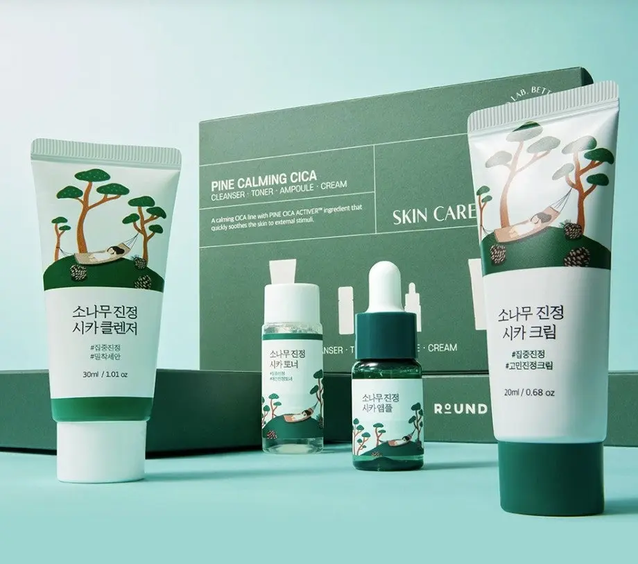 ROUND LAB Pine Calming Cica Treatment Kit - Korean Beauty Sensitive Skin Care Set with Water-Gel Moisturizer, Barrier Support, Soft Skin Benefits, Travel Toiletries Friendly, Gentle, Hyaluronic Acid, Lightweight Daily Use