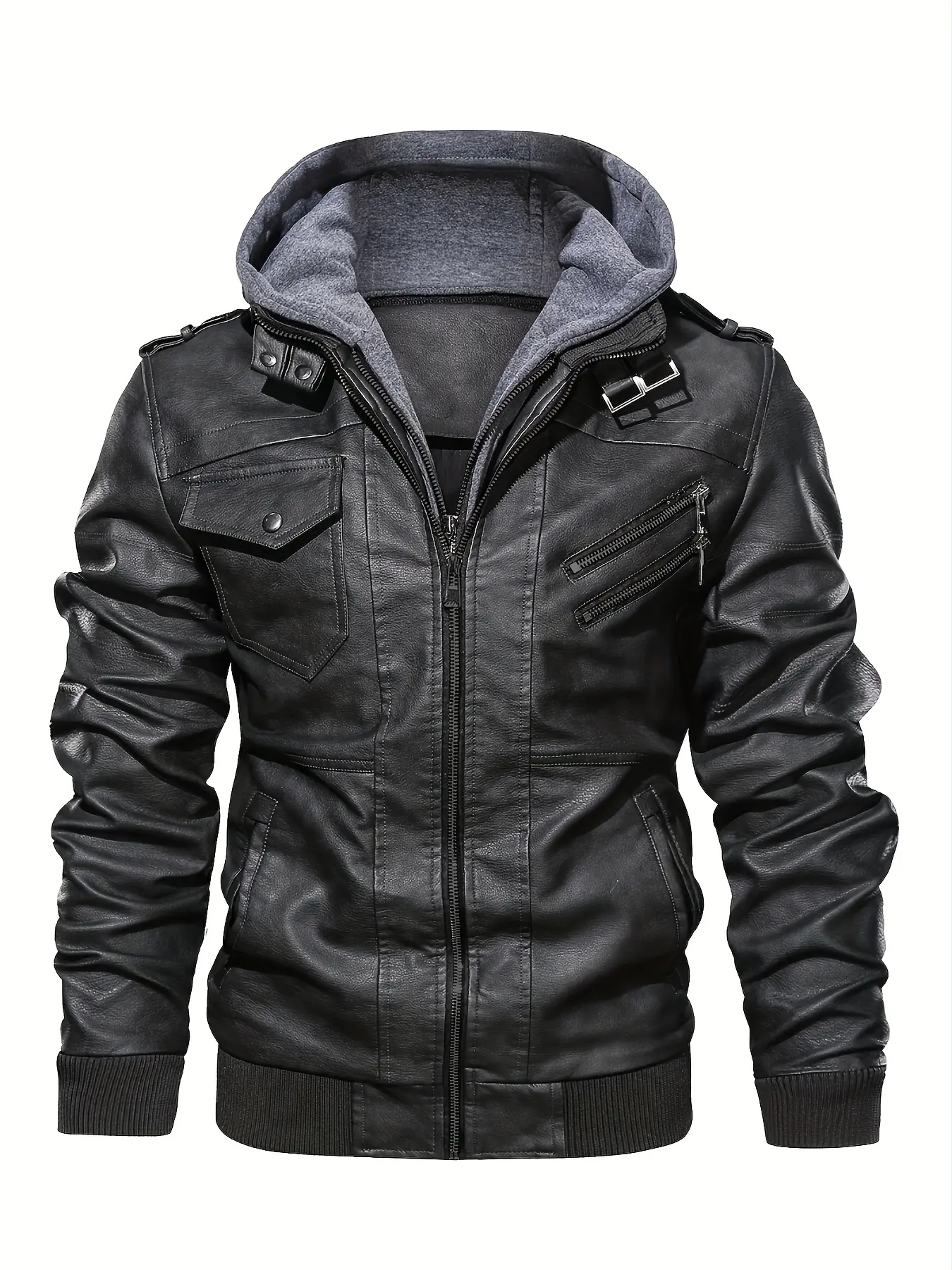 Men's PU Leather Motorcycle Jacket, Detachable Hood, Casual Style, Plain, Durable and Comfortable Design, Long Sleeve, Fall & Winter Outerwear