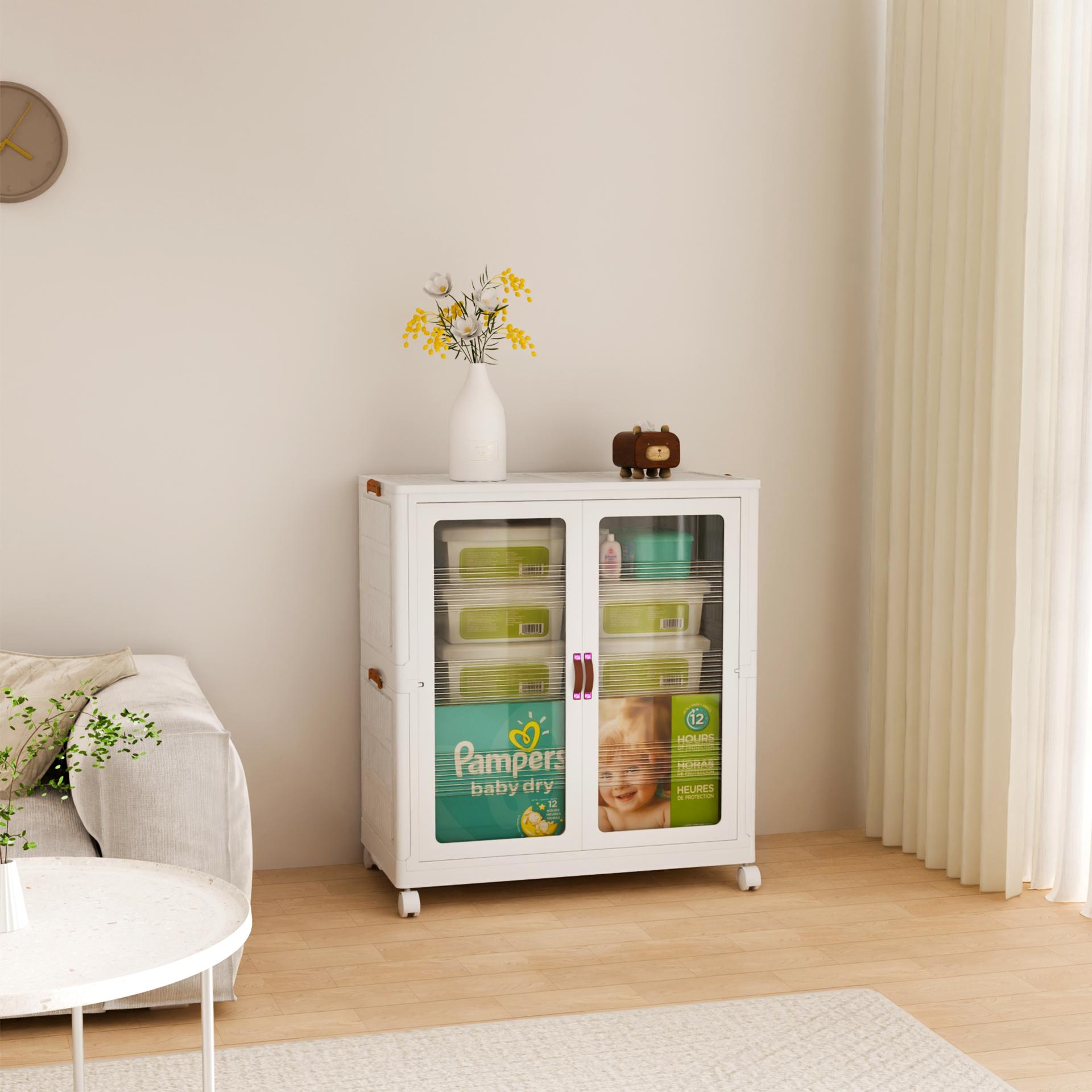 Stackable & Foldable Plastic Storage Cabinet with Lid Magnetic Doors & Locking Wheels Easy Assembly for Living Rooms Kitchens Dorm Rooms