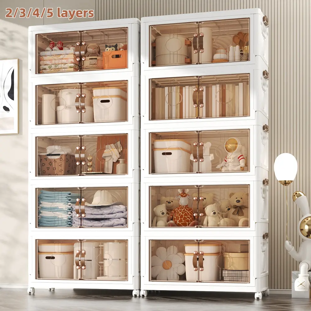 2/3/4/5-Tier Foldable Plastic Organizer Cabinet with Doors & Wheels, Space-Saving House Organizers for Closet Storage, Kitchen Pantry - High-Quality, Easy-to-Assemble, Transparent Doors, Magnetic Closure, Storage Organization