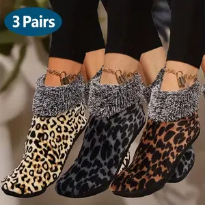 3 Pairs Women's Winter Leopard Print Plush Socks, Thick Fleece Lined Warm Floor Slipper Socks, Large Size, Foldable & Machine Washable