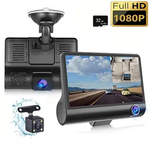 3 Channel Dash Cam Front and Rear Inside 1080P Full HD 4 Inch Large Screen Built in 32GB Memory Card Car DVR Camera Automotive Video Recorder Waterproof Reversing Assist Super Clear Night Vision 24 Hour Parking Monitor Loop Recording #