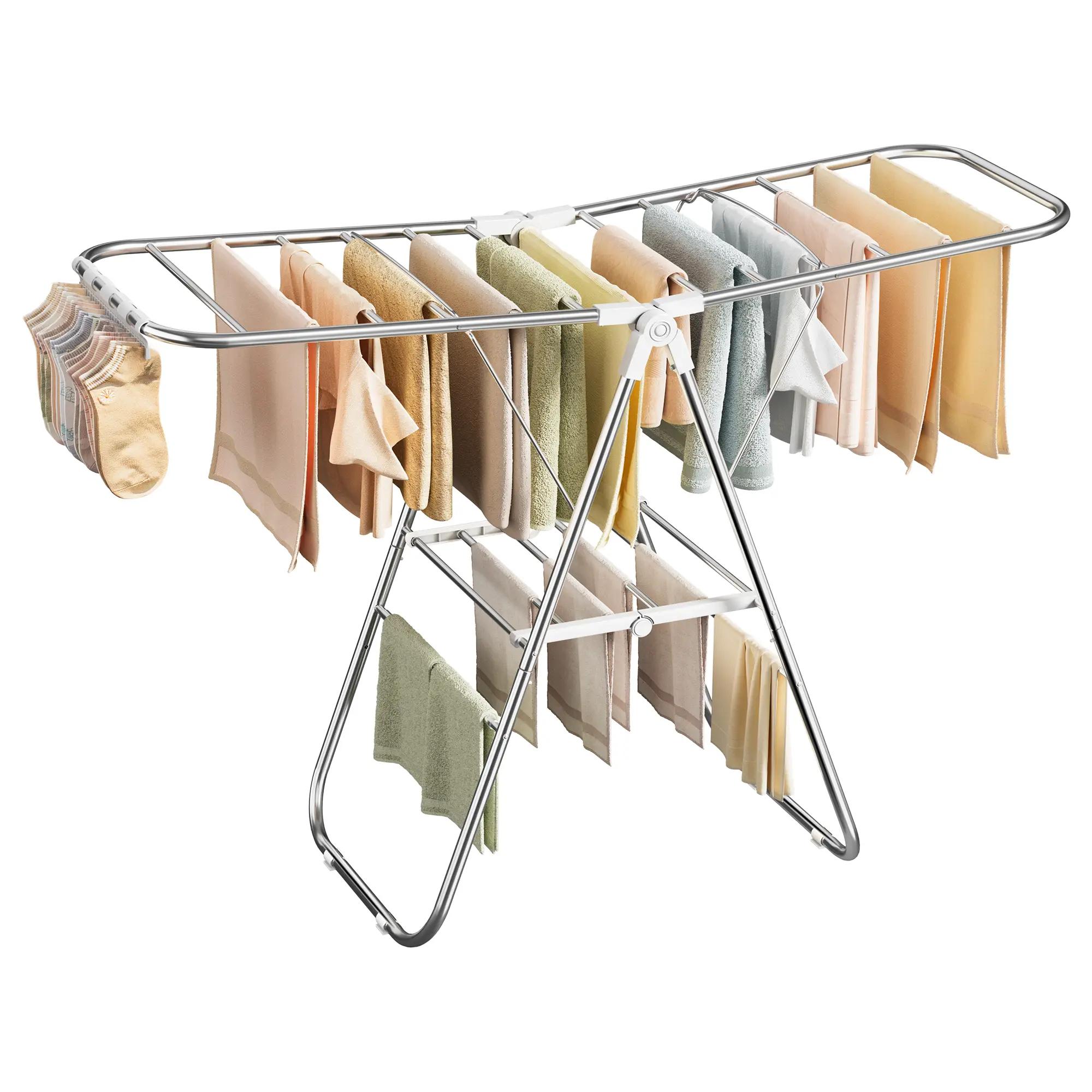 SONGMICS Metal Laundry Drying Rack with Sock Clips, Height-Adjustable Gullwings, Foldable Space-Saving Airer for Indoor/Outdoor Home Use