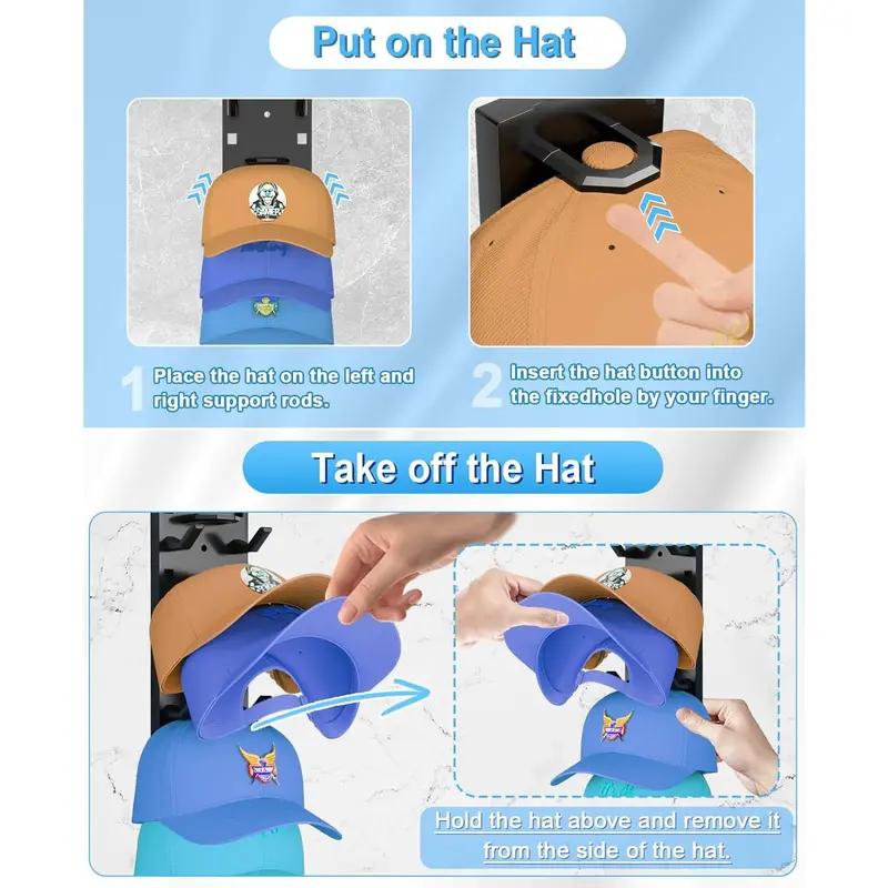 2 Pack Hat Organizer  Wall Mounted Baseball Cap Rack Black or White Adhesive Mount Stable Structure Holds 18 Hats for Closet Door & Bedroom Easy Access Display Hanger