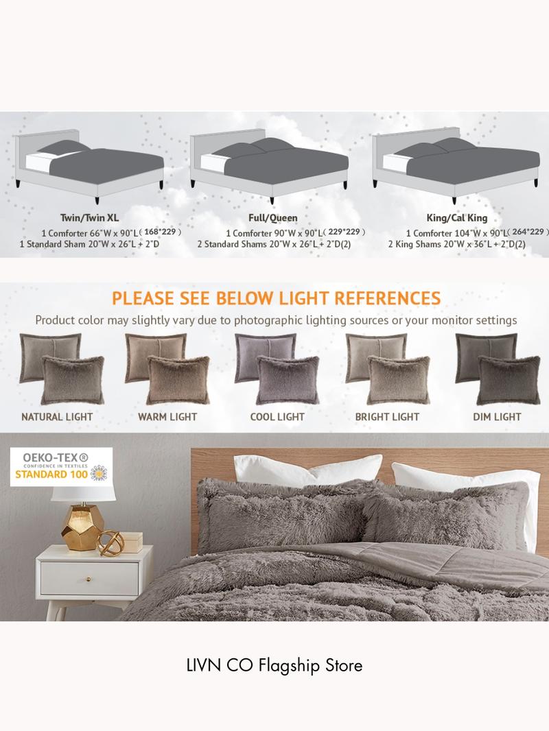 Shaggy Comforter Set, Long Faux Fur Cozy Down Alternative, Modern Casual Ultra Soft All Season Fluffy Bedding with Matching Sham