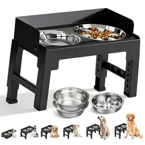 PAKEWAY Elevated Dog Bowls with Splash Guard & Slow Feeder, Tiltable & Foldable Raised Stand, Includes 2 Stainless Steel Bowls & 1 Slow Feeder Bowl, 6-Height Adjustable (3.1"-11.8") for Small Medium Large Dogs