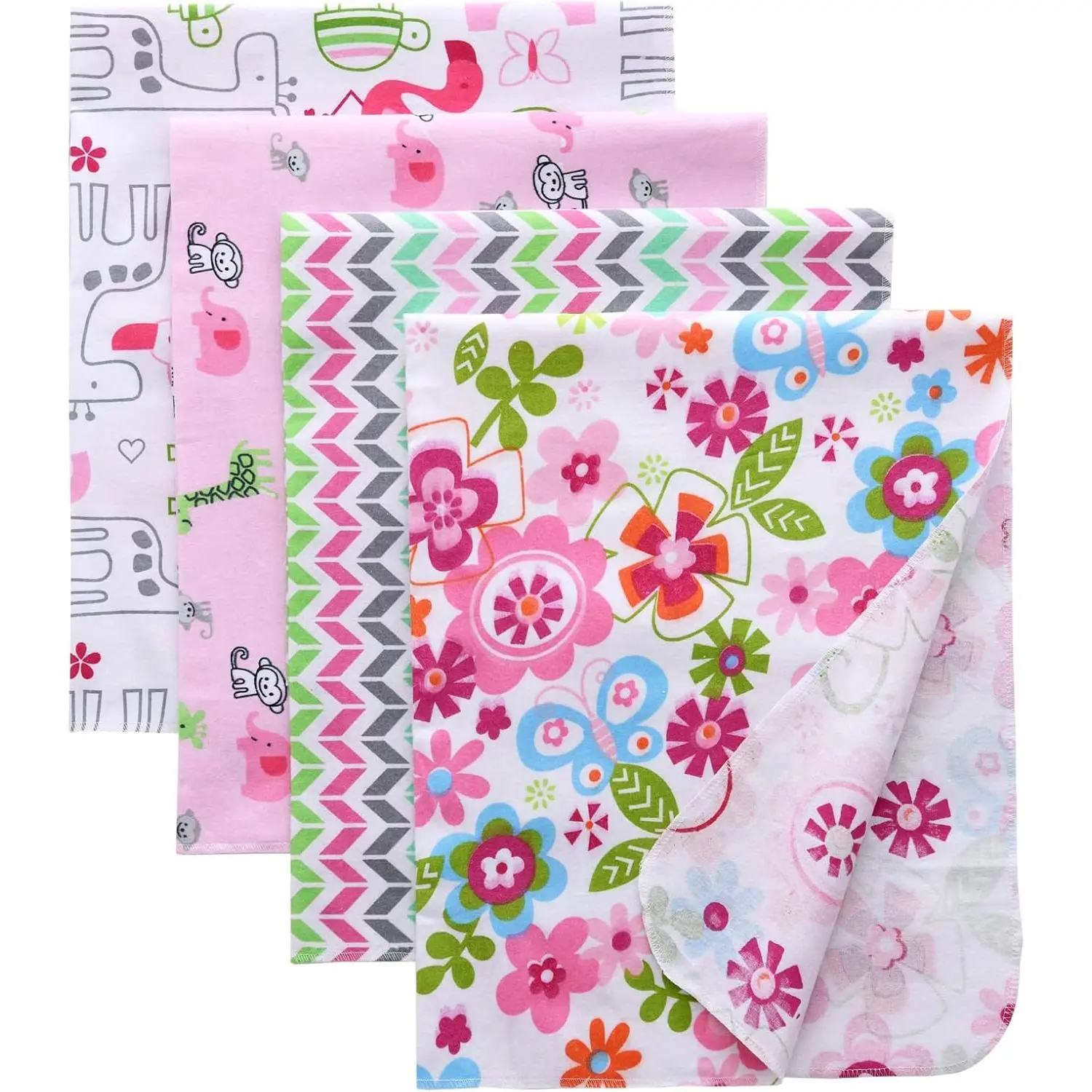Cozy Soft Flannel Printed Receiving Swaddle Blankets, 4-Count Cotton 30x30 in One Size for Infants (Style1), Cozy Blanket, Soft Flannel Blanket