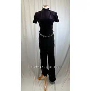 Deep Plum Velvet Mock Neck Wide Leg Unitard with Gold Hoop Belt