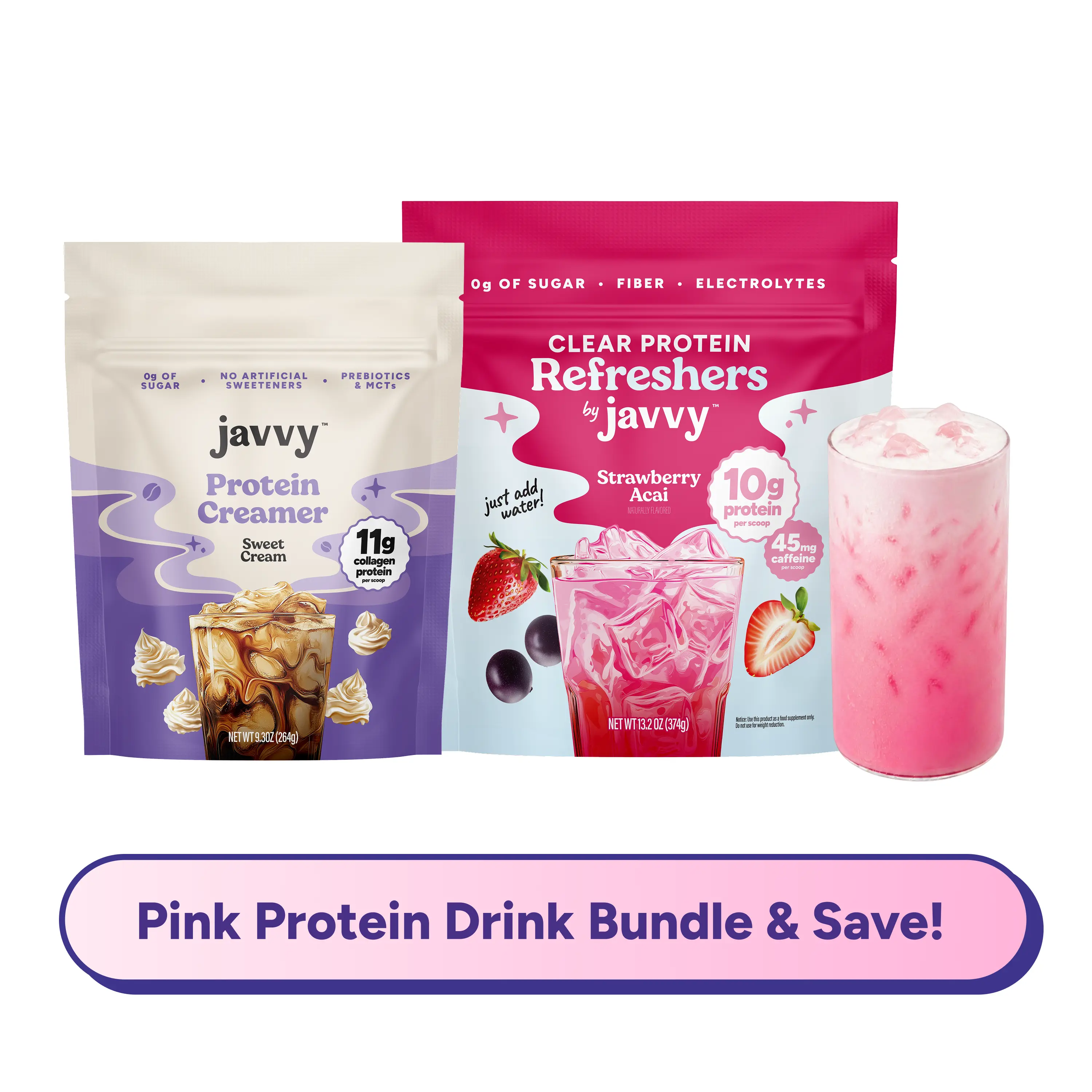 Javvy Pink Cream Protein Drink Bundle with Collagen - Strawberry Acai Refresher & Sweet Cream Collagen Protein Creamer – Pink Strawberry Sweet Cream Refresher with Clear Whey, Electrolytes & Collagen – Keto Friendly, No Added Sugar