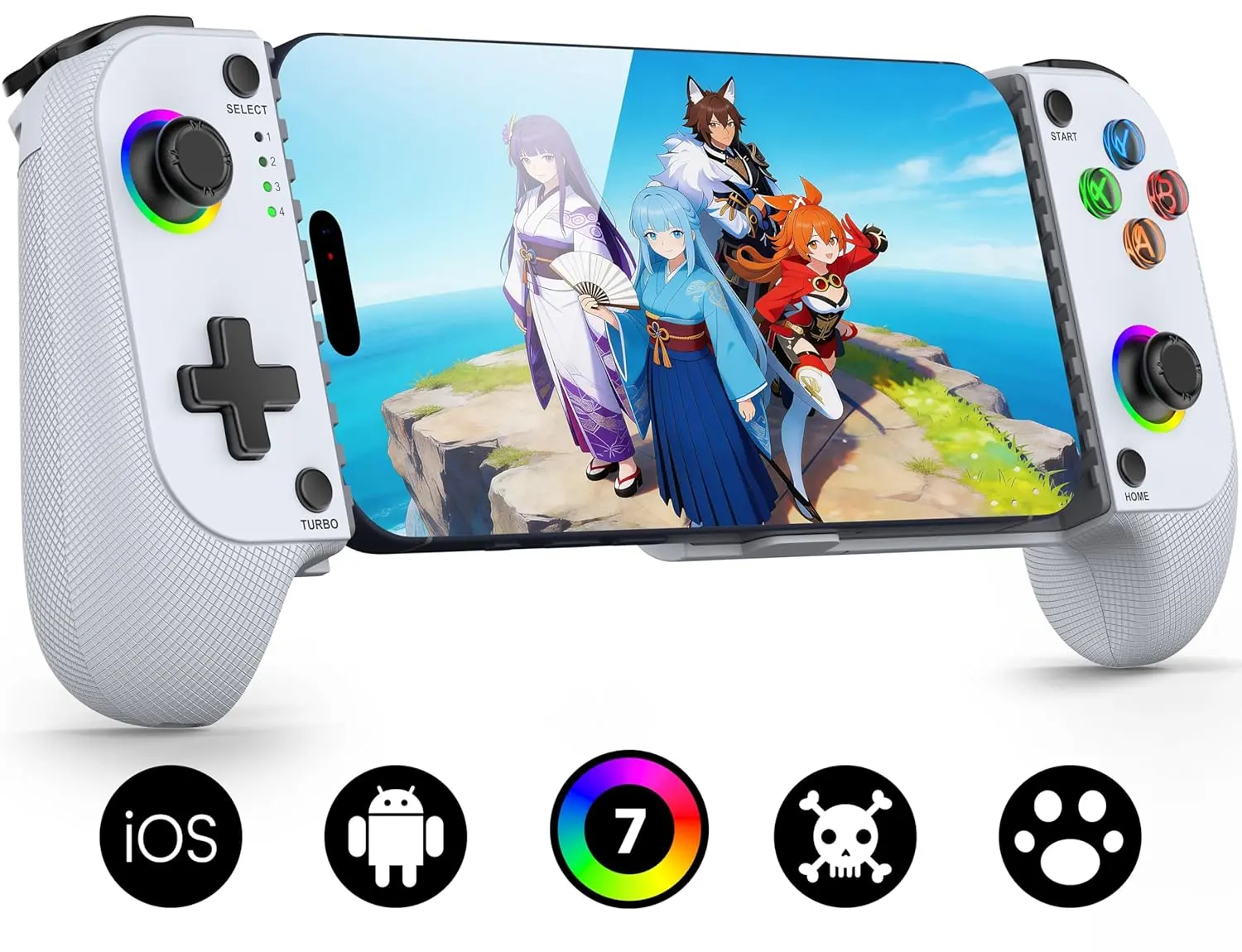 Mocagen MC1 Bluetooth Wireless Mobile Game Controller Handle - Adjustable Hall Effect Induction Joystick, Enhanced Grip, Case-Friendly, 7-Color LED Light, Turbo Buttons, Travel Dust Bag for iPhone (All Models) & Android Gaming Accessories, Handheld, Conso