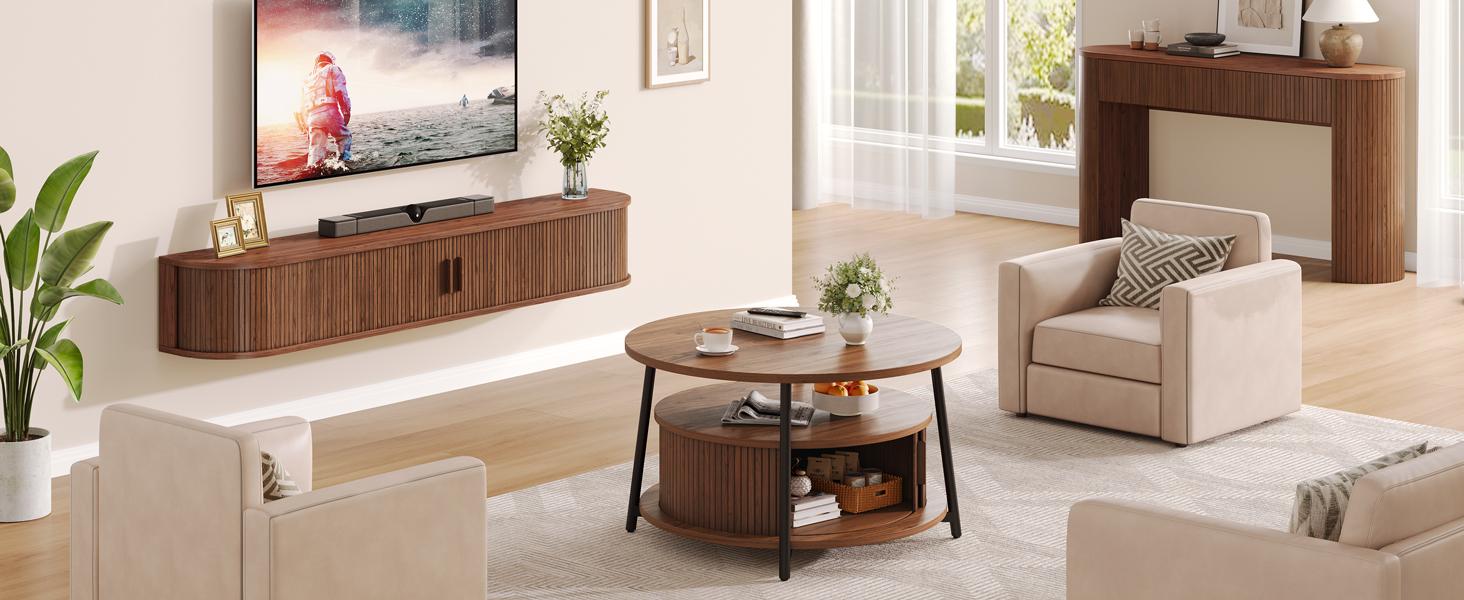 【SPOTLIGHT DAY】ONBRILL 31.5 Inch Round Coffee Table with Storage, Fluted Coffee Tables with 2 Tiers, Mid-Century Modern Center Table with 2 Sliding Doors and Adjustable Footpad for Living Room