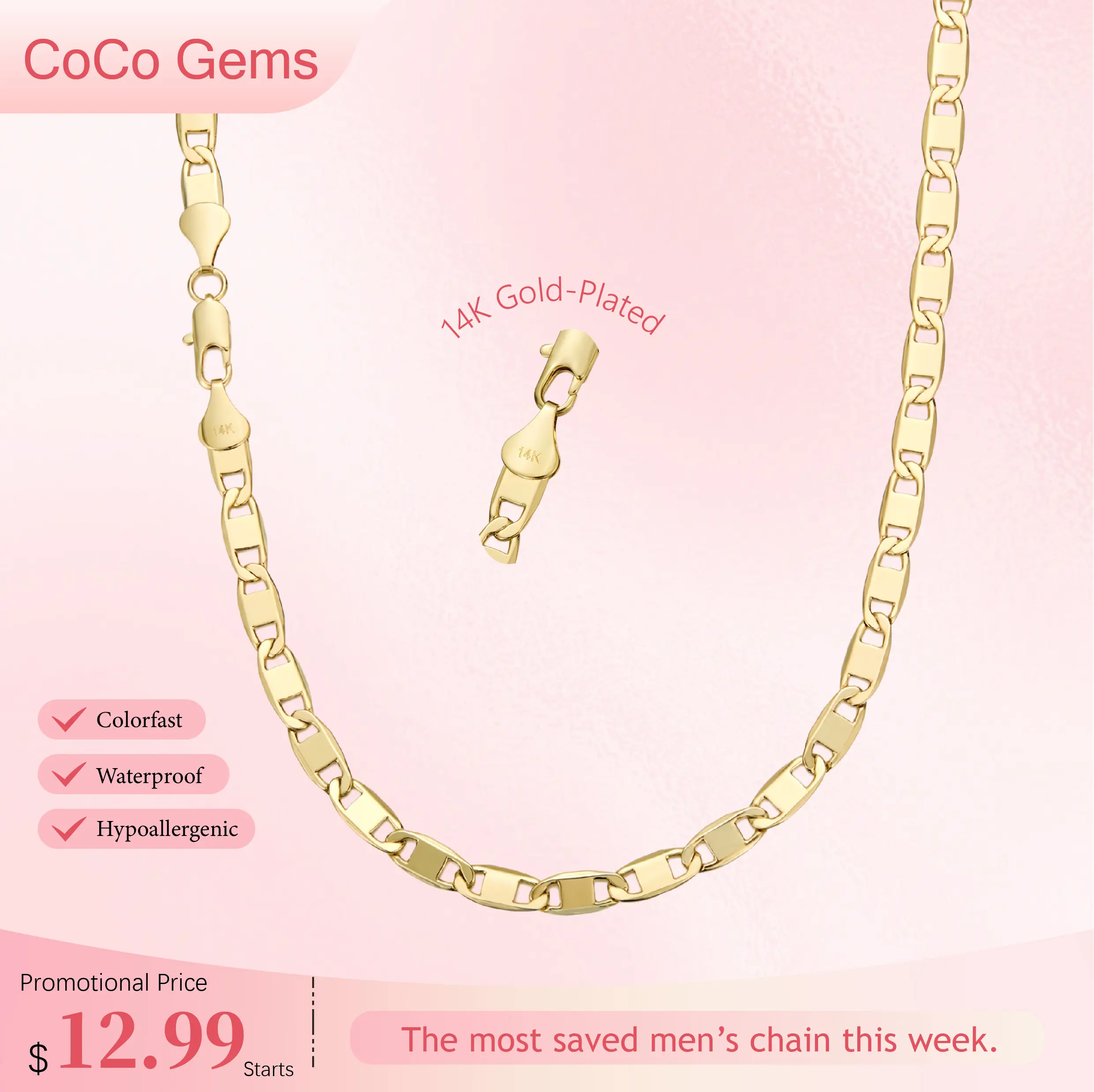 Men’s 14K Gold Plated Figaro Chain Necklace – 6mm Italian Style Cuban Link, 24 Inch, Tarnish Resistant Nano Coating, Hip Hop Streetwear Jewelry, Best Gift for Men