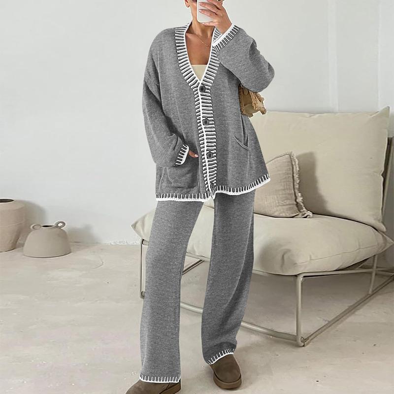 PrettyGarden Women's 2 Piece Set Winter Knit Outfits Matching Loungewear Long Sleeve V Neck Cardigan Sweaters Wide Leg Pants Tracksuits