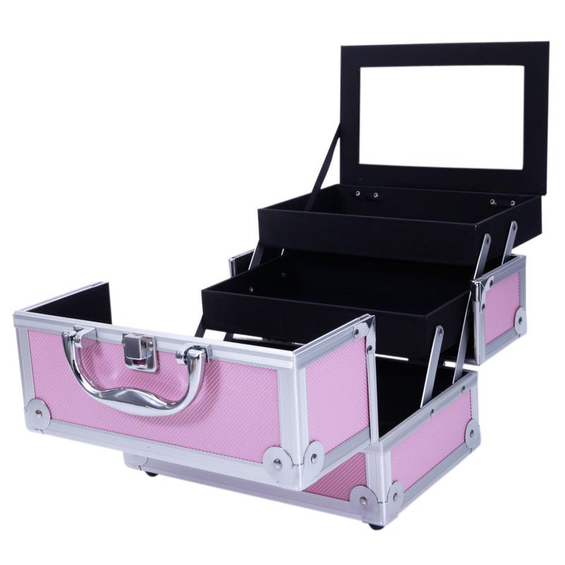 Portable top Double open aluminum alloy pink cosmetic case with mirror