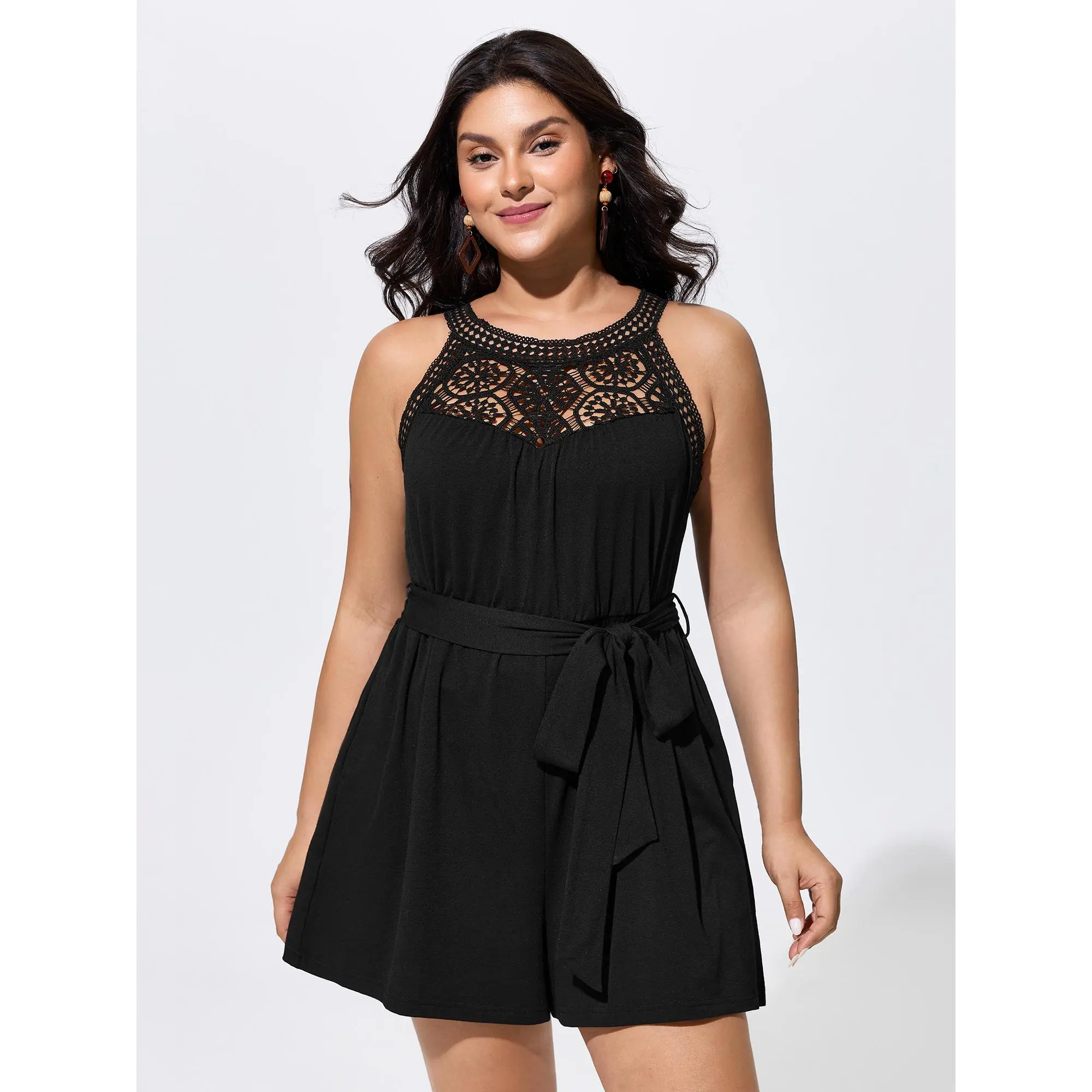 BloomChic Women's Plus Size Boho Sleeveless Above Knee Romper - Polyester-Spandex Garment, Short Overalls Jumpsuit with Tie-Waist, Lace Neckline, Pocket, Low Iron, Casual, 14-16/1X, Jumpsuits for Women, Plus Size Clothes, Patchwork, Fit, Women's Clothes