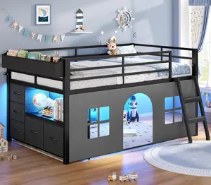 Sikaic Low Loft Bed Twin Size with Tent, 5 Storage Drawers, LED Lights, Metal Kids Loft Bed with Bookcase & Under-Bed Play Space, Twin Loft Beds with 13.8''H Safety Guardrail, Inclined Ladder