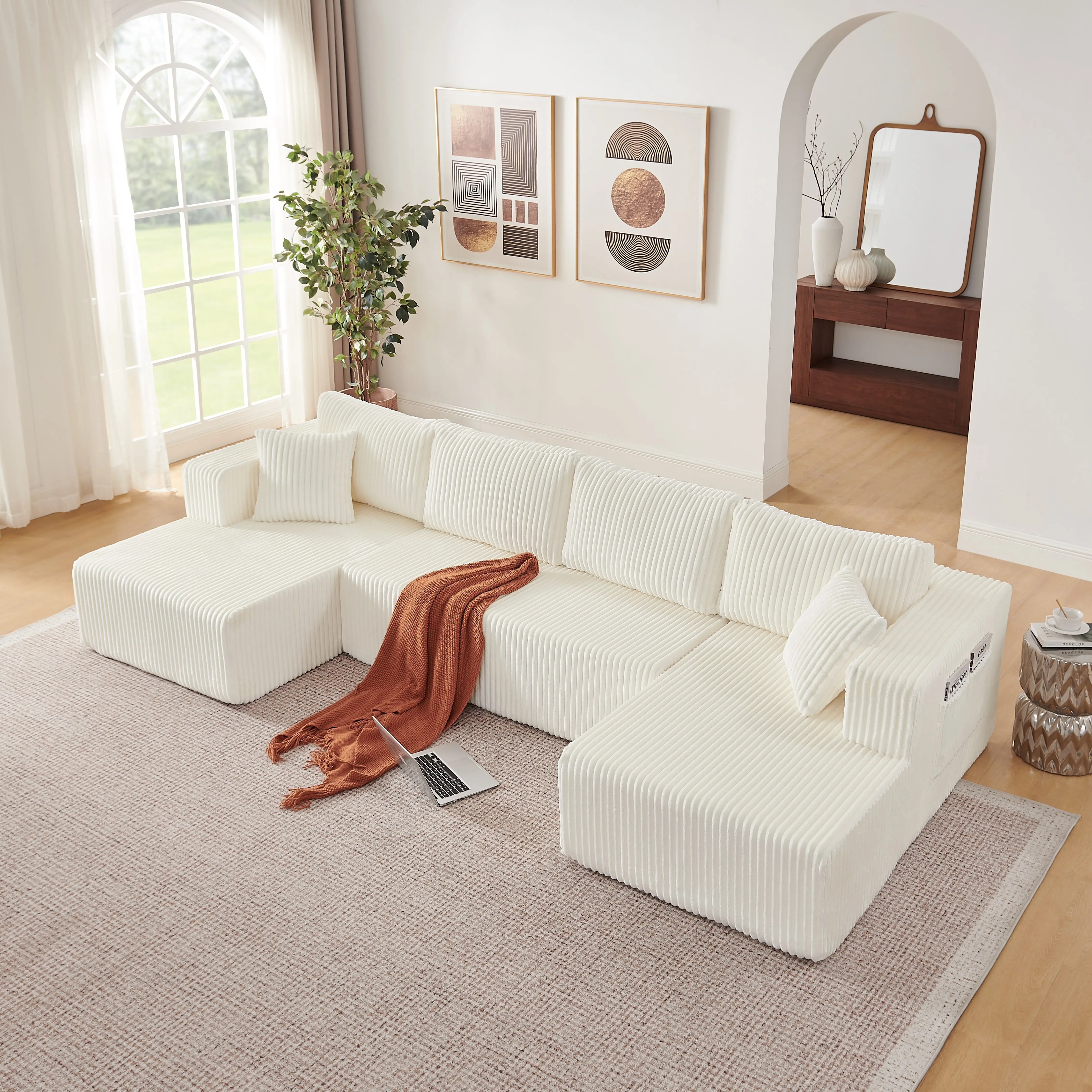 132 Inch Modern U-Shaped Modular Sectional Sofa, Cloud Soft Corduroy Compressed Sleeper Couch with Side Storage Pockets, Memory Foam Comfy Lounge corner bed Sofa, No Assembly Needed for Living Room Home