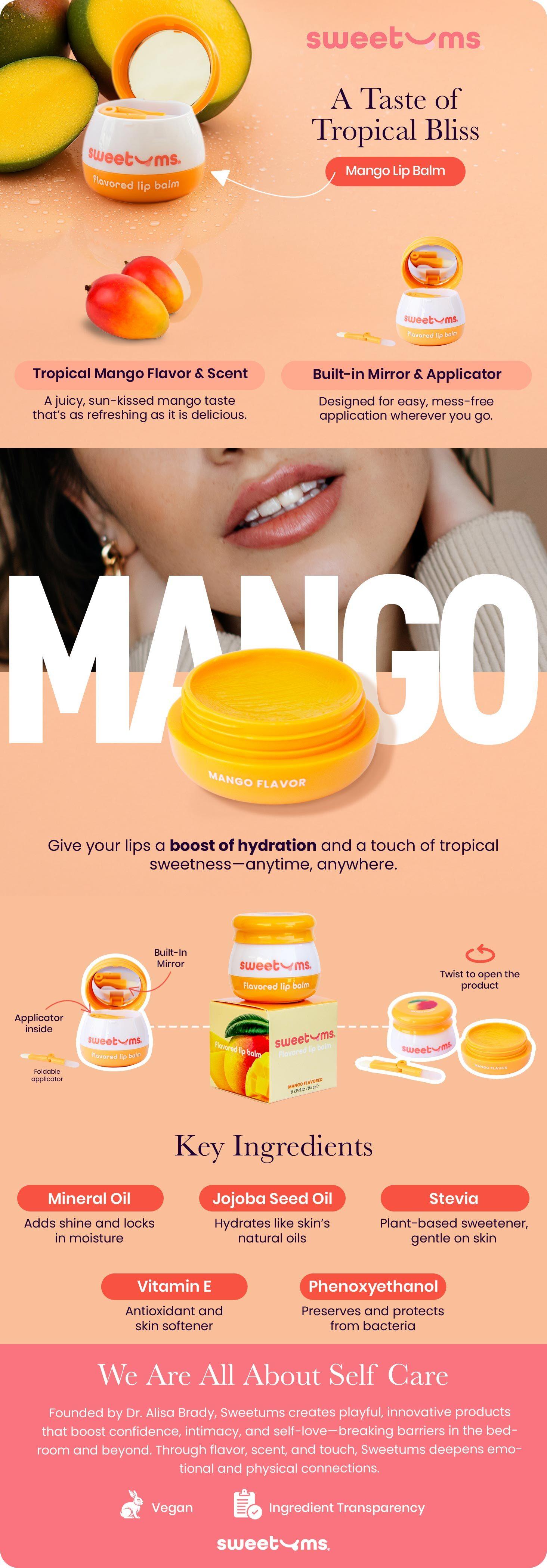 Sweetums Mango Flavored Lip Balm - Smooth and Refreshing Hydrating Formula with Built-in Mirror & Applicator, Vegan & Cruelty-Free - Skincare Lip balm gloss jojoba oil flavored