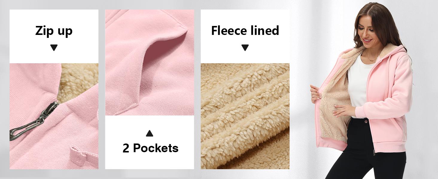 ZITY  Hoodies for Women Winter Fleece Sweatshirt - Full Zip Up Thick Sherpa Lined Hooded Jacket