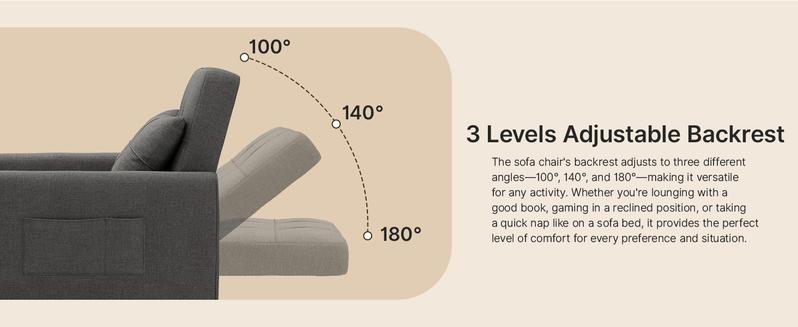 Gizoon Convertible Sofa Bed, 3-in-1 Multi-Functional Sleeper Chair Bed, Adjustable Backrest Recliner with Modern Linen Fabric for Living Room, Bedroom, Apartment Furniture, Small Space