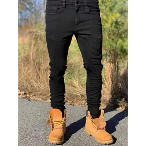 Men's Black Skinny Slim Fit Jeans, Street Style Comfortable Casual Workwear Distressed Denim Pants Fabric Menswear