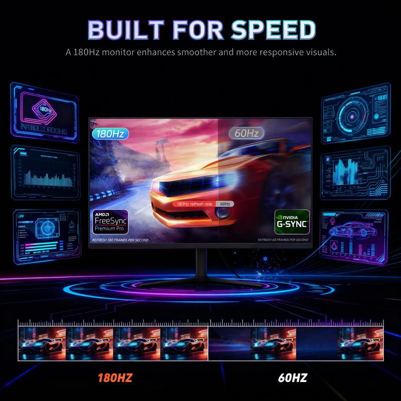 24" 180Hz Gaming Monitor – FHD 1080P IPS Display,1ms Response,AMD FreeSync,Built-in Speakers,100% sRGB,VESA,Borderless Design for Multi-Monitor Setup