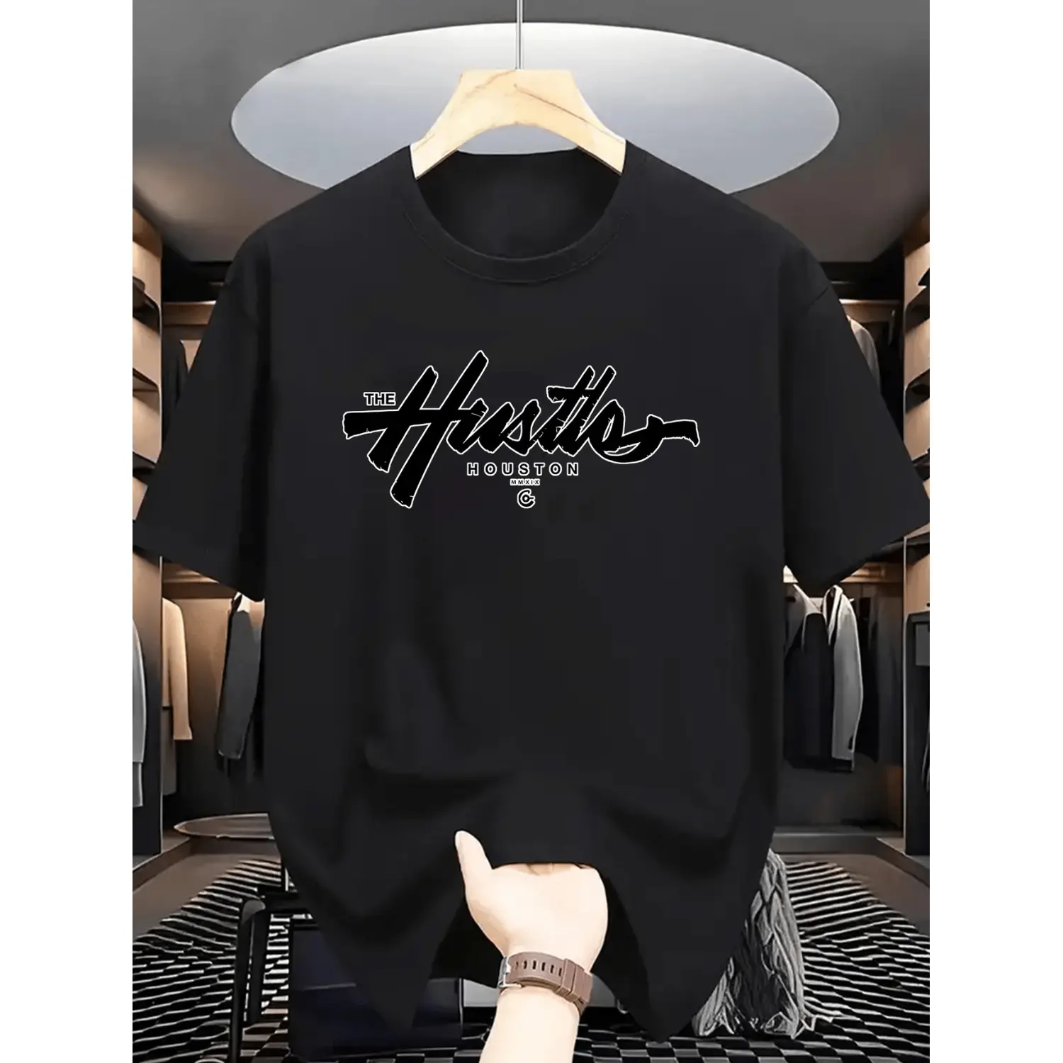 Men's Graphic T-Shirt with Houston Hustle Print - Lightweight Street-Ready Shortsleeve Activewear with Medium Stretch, Streetwear Outfits, Minimalist, Sporty Chic, Unisex