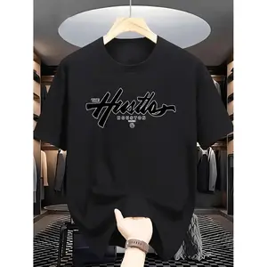 Houston Hustle Graphic Print T-Shirt For Men Stylish Crew Neck Polyester Knit Fabric With Stretch Regular Fit Short Sleeve Summer Tee In White