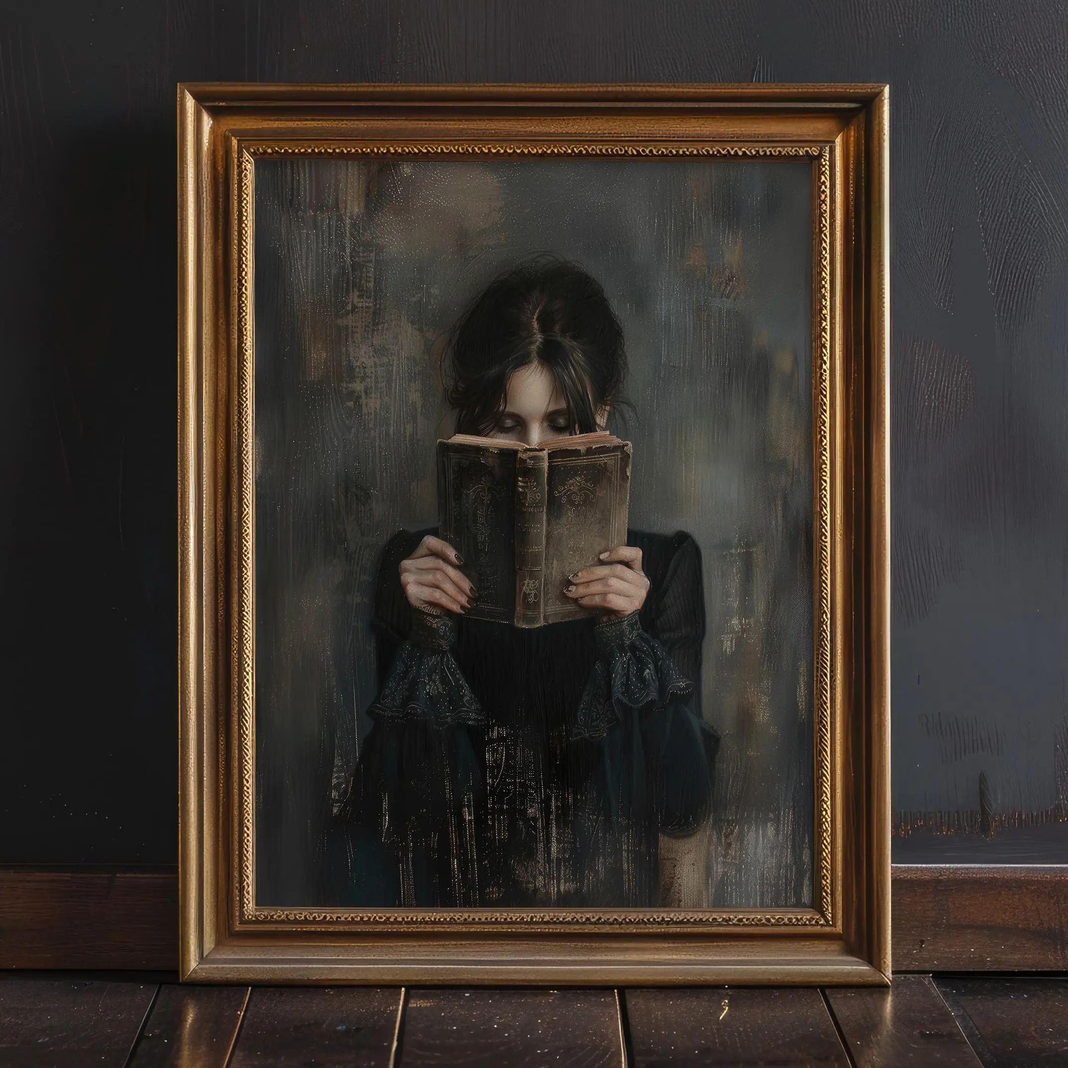 Dark Academia Woman Reading Antique Book Canvas Wall Art, Moody Vintage Gothic Oil Painting Print, Dark  Bedroom Decor Unframed Canvas Poster, Frame Not Included