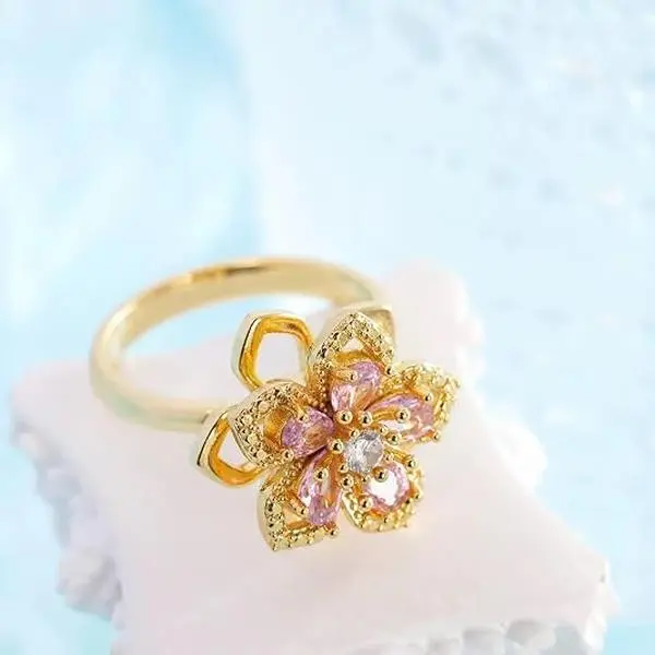 Women's Fidget Spinner Ring - Statement Crystal Flower Jewelry with Pink Gemstone Accents, Adjustable Open Cuff Band for Anxiety Relief, Womens Gifts, Ring Stack Compatible, Rings For Women, Fidget Rings