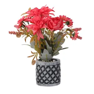funky room decor Artificial Red Peony & Daisy Bouquet - Fake Floral Arrangement in Diamond Textured Cement Pot for Home Table Decor | No Watering Needed,for Dining Table, Entryway & Mother's Day Decor