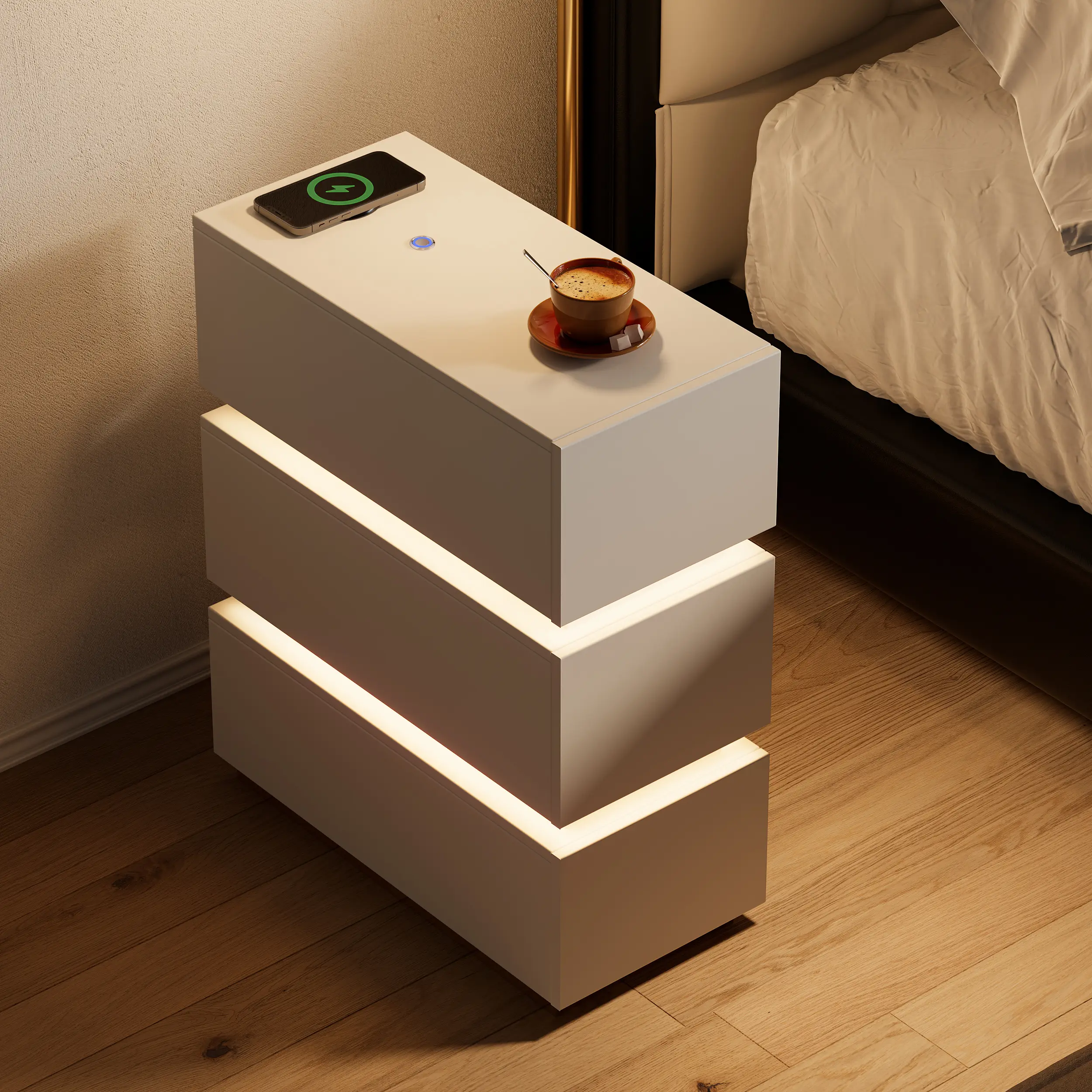Homary Lumio White Rectangle 3-Drawer Narrow LED Nightstand with Charging Hub - Modern Single Unit Apartment Size Bedside Table, Assembly Required, for Bedroom Decor, Small Room Ideas