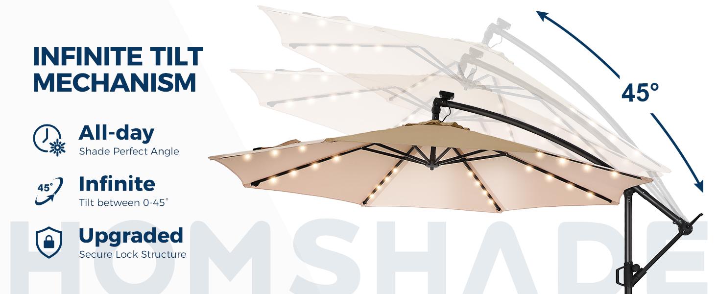 [With Base] 10ft Offset Outdoor Patio Umbrella with Base & Solar Light, Easy Tilt & Crank, Adjustable UPF 50+ UV Protection for Garden, Backyard & Poolside