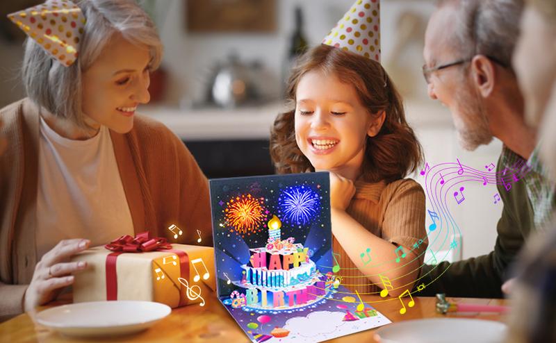 INPHER Birthday Cards Fireworks Pop Up Cake Blowable Light and Music Happy Birthday Card Gifts for Women Men Mom Kids