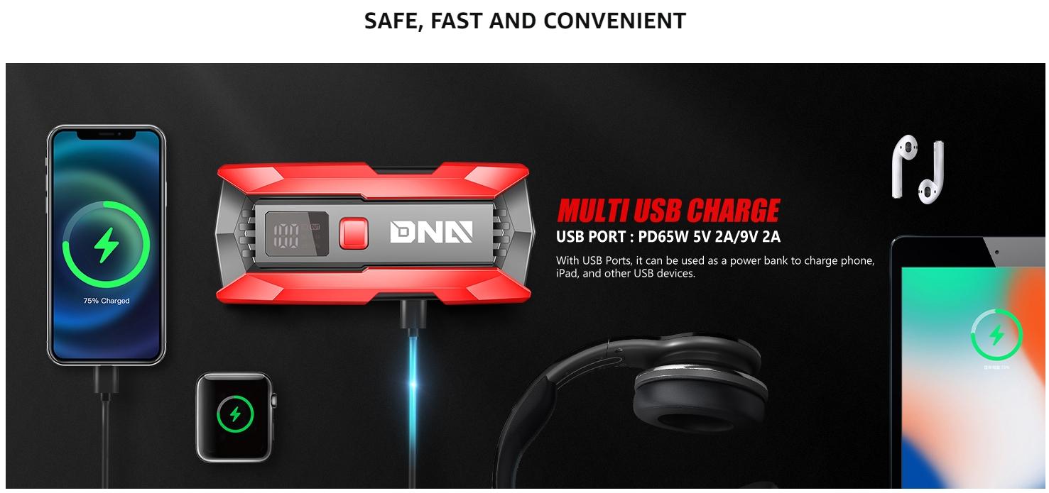DNA MOTORING ‎12V 2000A Multi-function Portable Car Battery Jump Starter for Up to 8.0L Gas & 6.3L Diesel Engine, With Carry Case