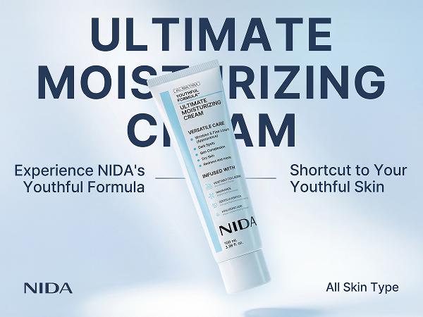 NIDA Youthful Formula Ultimate Moisturizing Cream (100mL) / Collagen, Niacinamide, Centella Asiatica, Hyaluronic Acid / Wrinkles, Dark Spots, Skincare Hydrating Daily Moisturizer Moisture Hydrate
