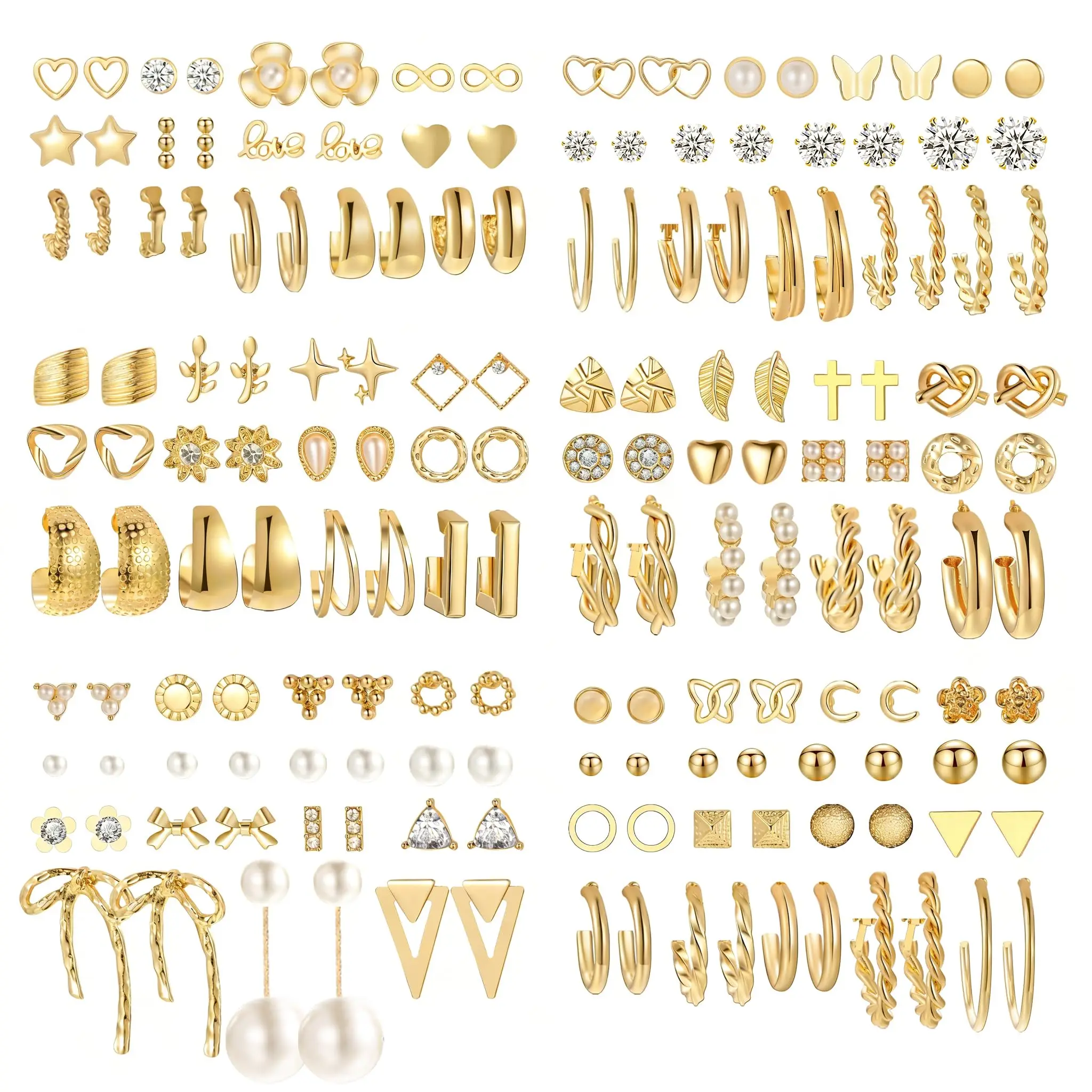 A Set of 82 Pairs Gold Trendy Earrings for Women,Pearl Bow Small Hoop Stud Earrings Pack,Multiple Piercing Earring Set for Ear Crystals Diy Jewelry Making,Birthday Party Father's Day Gift