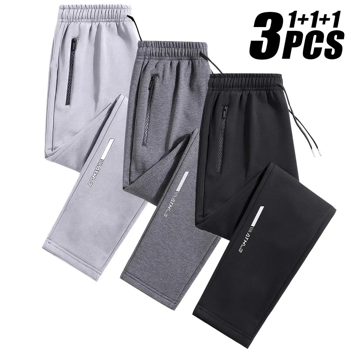 Men's 3-Pack Ice Silk Athleisure Bottoms - Activewear Tracksuit Pants, Plain Drawstring Waist Sweatpants, Synthetic Breathable Lightweight Adjustable Regular-Fit Chic Sporty Chic Trousers for Yoga/Gym