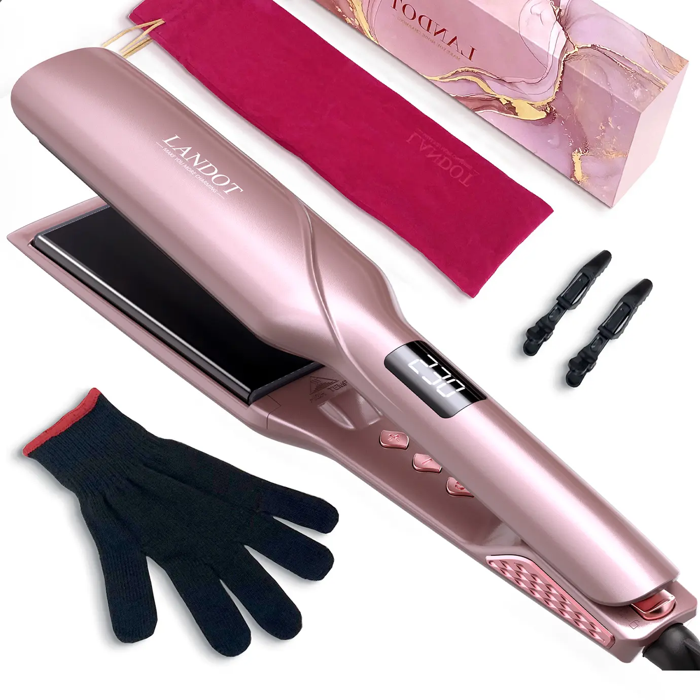 LANDOT SmoothMax Pro Wide Ceramic Flat Iron Hair Straightener for Thick Long Coarse Curly Hair Ionic Frizz Control 250-450F Adjustable Temp Auto Shut Off Pouch Storage - Black