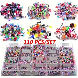 105/110pcs Punk Style Body Jewelry Set - Acrylic Bead, Stainless Steel Rod, Includes Tongue Bell, Eyebrow Rings, Navel Hoops, Lip Plugs, Nose Rings for Daily Wear & Parties Piercing