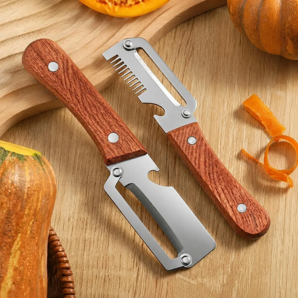 2-Piece Handy Wood Handle Multifunction Kitchen PeelerUtensils - Peel, Slice, Scrape, Bottle Opener Tool for HomeCooking Kitchen Accessories