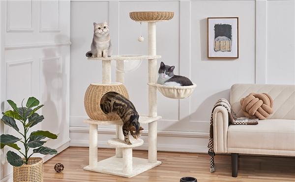 【On Sale】Yaheetech 54in Rattan Cat Tree Tower with Luxury Woven Condo, Clear Bowl, Washable Cushions, and Scratching Posts, Cat Furniture for Indoor Cats