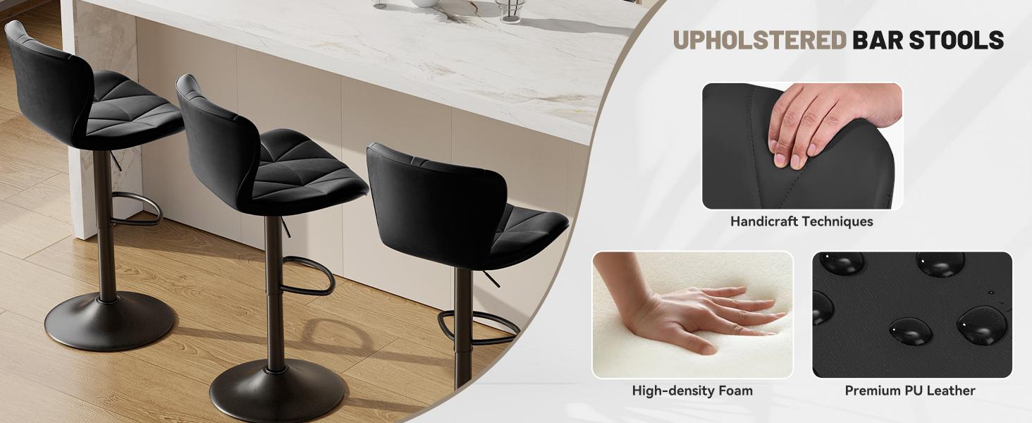 Modern Barstool Set of 2, Adjustable Faux Leather Upholstered Swivel Counter Stools, Counter Height Barstools with Back for Kitchen Island