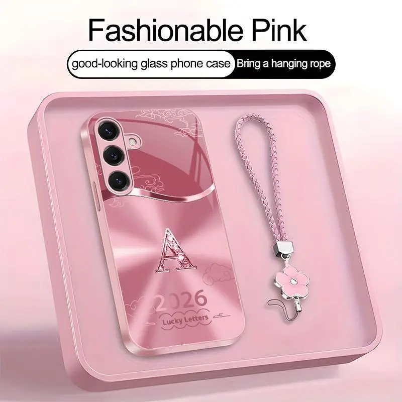 Suitable for [Galaxy S25] high-end women's phone case🤩，a free four-leaf clover lanyard is included, with 26 letters of the alphabet to choose from，auspicious cloud patterns bring you good luck YM99
