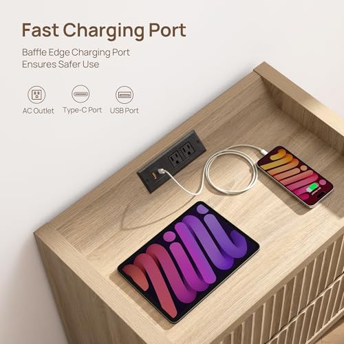 SICOTAS Night Stand Set of 2 Fluted Nightstands with Charger Station, Large Modern Nightstand Bedside Table End Table with 2 Drawers, 25" Wide Farmhouse Night Stands for Bedroom, Sofa Side