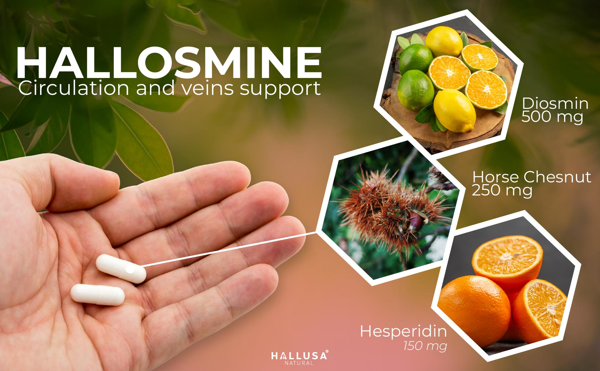 HALLUSA NATURAL HALLOSMINE XTRA 60 Capsules + FREE Cream for Vein & Circulation Support with Diosmin Horse Chestnut & Hesperidin Natural Fitness Healthcare - Edible Healthy Dietary Supplement