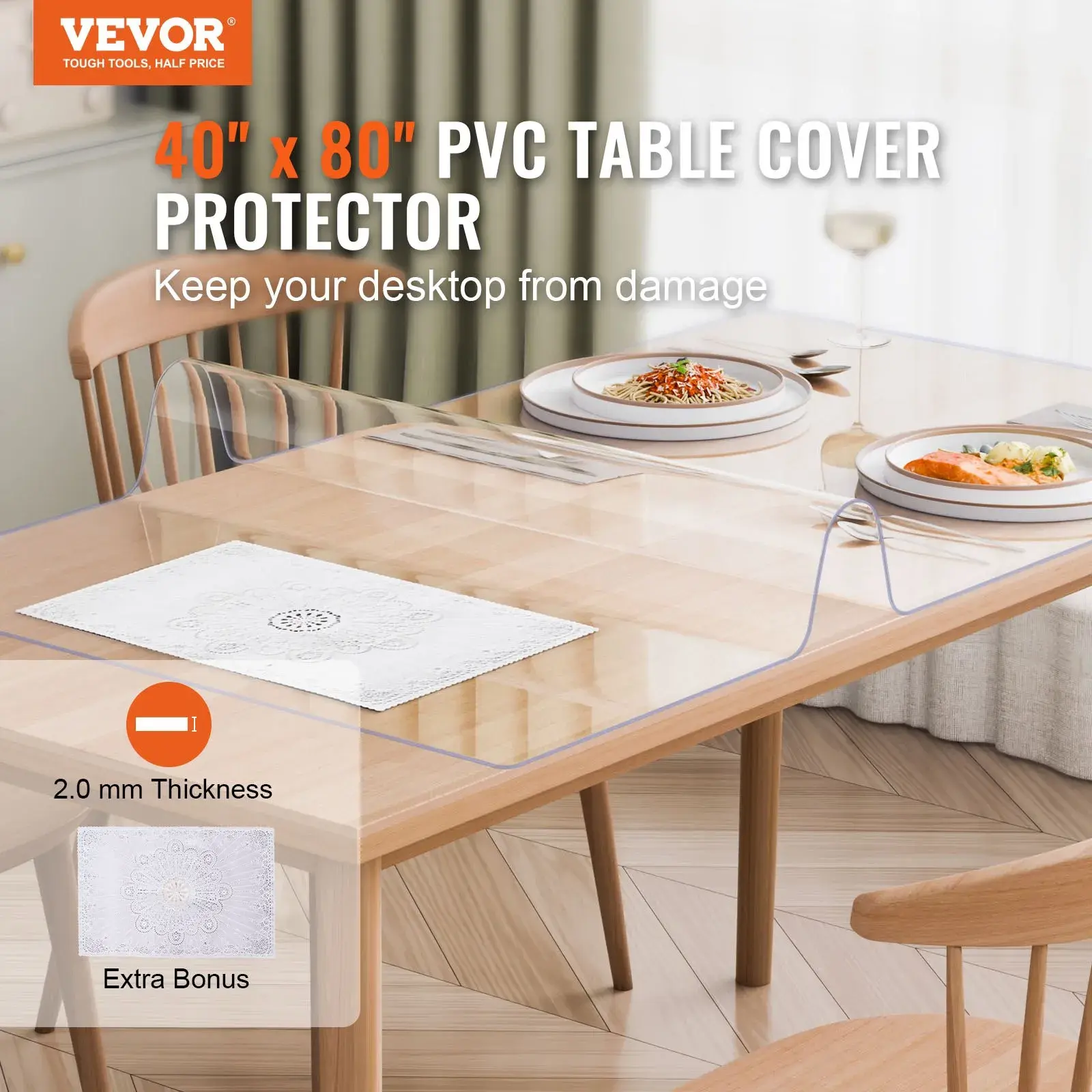 【Back to School】VEVOR 2 mm Thick Transparent PVC Table Cover, 36x60-in Waterproof Table Cloth, Scratch-Proof Desk Mat, Heat-Safe Up to 80°C, Resists Daily Spills, Marble & Steel Safe for Office Dresser Protection, Easy to Clean