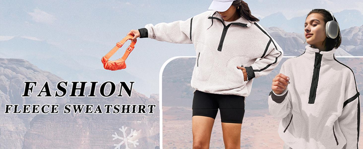 Yeokou Womens Half Zip Sherpa Fleece Pullover Soft Oversized Sweatshirt with Pockets Warm Fuzzy Sweater