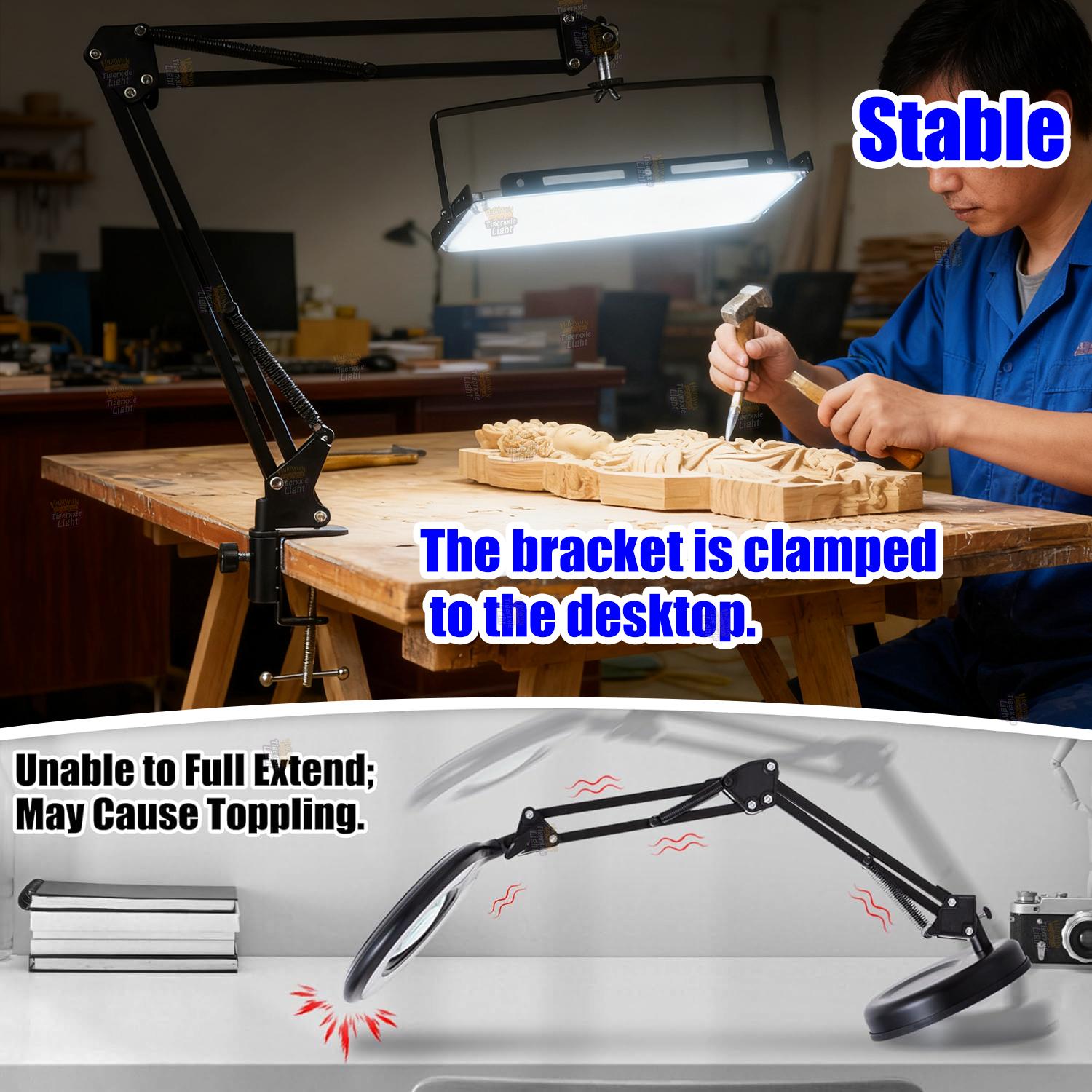 LED work light 6000K with desktop stand, adjustable height/angle, with 96/144 high-bright white light beads and USB plug and switch and 150cm power cord, suitable for workshop, warehouse, office desk lighting.