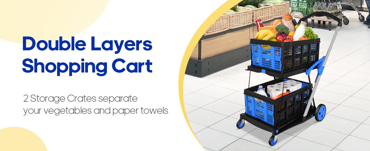 multifunctional folding cart,2 baskets included,collapsible Shopping Cart,storage cart,Modern Portable collapsible Multi-Tier double decker wagon,lightweight,BlackFriday